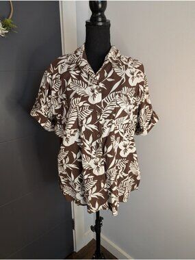 y2k White Stag Ladies Brown & White Tropical Floral Button-Up Shirt XL